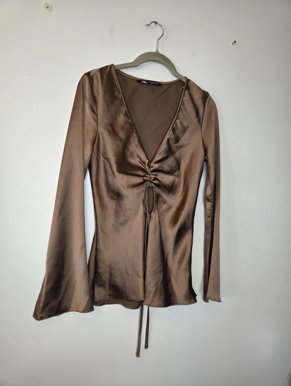 Zara Satin Chocolate Brown V-Neck Ruched Tie Front Top, ,Flare Sleeves Sz XS